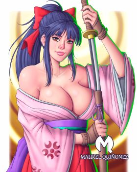 1girl arm_up artist_name blue_hair bow breasts brown_eyes clothes_down fingerless_gloves gloves hair_ribbon highres japanese_clothes large_breasts legs long_hair long_skirt looking_at_viewer pink_lips ponytail red_bow ribbon sakura_taisen sega shinguuji_sakura skirt smile solo sword thighs weapon