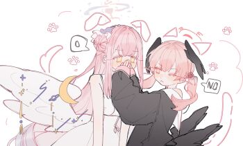 2girls :&lt; black_wings blue_archive blush covering_another&#039;s_mouth drawn_ears drawn_tail dress gradient_hair hair_between_eyes hair_bun halo head_wings highres koharu_(blue_archive) long_hair long_sleeves mika_(blue_archive) multicolored_hair multiple_girls nagakiras2 one_eye_closed paw_print pink_eyes pink_hair sailor_collar school_uniform serafuku simple_background single_side_bun sleeveless sleeveless_dress spoken_sweatdrop sweatdrop very_long_hair white_dress white_sailor_collar white_wings wing_ornament wings