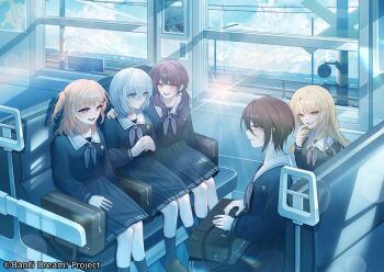 5girls 77se_bu bag bang_dream! black_bag black_hair black_socks blonde_hair blue_eyes blue_shirt blue_skirt brown_eyes commentary_request futaba_tsukushi grey_neckerchief hair_between_eyes hiromachi_nanami kirigaya_toko kurata_mashiro long_hair long_sleeves low_twintails morfonica multiple_girls neckerchief official_art parted_bangs pink_eyes pleated_skirt purple_hair school_bag school_uniform second-party_source shirt skirt socks train_interior tsukinomori_school_uniform twintails two_side_up yashio_rui