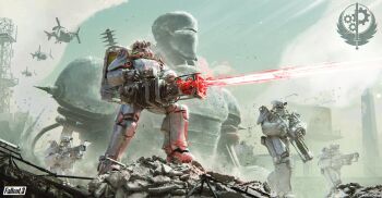 Rule 34 | 2204design, 4others, absurdres, aiming, aircraft, armor, assault visor, billboard, blue sky, blue visor, brotherhood of steel, brotherhood of steel paladin, cloud, cloudy sky, commentary request, copyright name, day, energy gun, fallout, fallout 3, firing, full armor, gatling gun, highres, insignia, laser rifle, latin commentary, liberty prime, mecha, multiple others, outdoors, post-apocalypse, power armor, power armor (fallout), radio tower, reloading, robot, rubble, science fiction, sky, standing, stepping on object, twitter username, washington monument, weapon