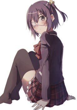 1girl black_hair black_jacket black_thighhighs blazer chuunibyou_demo_koi_ga_shitai! eyepatch from_behind full_body grey_eyes hair_ribbon highres icho_private_high_school_uniform jacket long_sleeves looking_at_viewer looking_back medical_eyepatch miniskirt natsume_suzuri one_side_up plaid_clothes plaid_skirt pleated_skirt ribbon school_uniform short_hair simple_background sitting skirt solo takanashi_rikka thighhighs white_background yellow_ribbon zettai_ryouiki