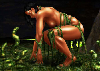 1girl 3d arm_support artist_request bdsm black_hair bondage bound breasts clenched_teeth closed_eyes completely_nude dark_skin feet from_side full_body nipples nude object_insertion original rape realistic restrained skindentation slime small_breasts squatting sticky sticky_restraint stuck teeth tentacles vaginal