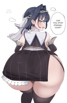 1girl ass black_dress black_panties black_thighhighs blue_eyes blue_hair blush bow bow_earrings detached_sleeves dress earrings from_behind frown hair_intakes hashtag-only_commentary highres hololive hololive_english jewelry long_sleeves looking_at_viewer looking_back medium_hair open_mouth ouro_kronii ouro_kronii_(1st_costume) panties simple_background solo speech_bubble sweat thighhighs underwear vaniste virtual_youtuber white_background