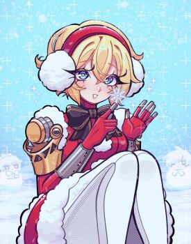 Rule 34 | 1girl, aigis (persona), blonde hair, blue eyes, blush, character snowman, commentary, english commentary, hair between eyes, highres, jellopypng, persona, persona 3, shiomi kotone, short hair, sitting, smile, snowflakes, snowing, solo, yuuki makoto (persona 3)