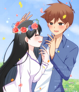 1boy 1girl alternate_costume black_eyes black_hair blue_jacket blush bright_pupils brown_hair closed_eyes collared_jacket commentary_request dark-skinned_male dark_skin double-parted_bangs dress ear_piercing flower flower_wreath hair_between_eyes head_wreath hero_(faraway)_(omori) hero_(omori) highres hisaho jacket long_sleeves mari_(faraway)_(omori) mari_(omori) omori open_clothes open_jacket open_mouth piercing shirt smile twitter_username watermark white_dress white_pupils white_shirt