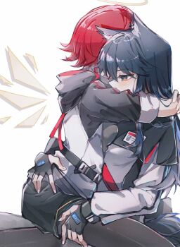2girls animal_ear_fluff animal_ear_piercing animal_ears arknights black_capelet black_gloves black_hair black_pantyhose black_shorts blush capelet character_name commentary_request detached_wings energy_wings exusiai_(arknights) fingerless_gloves gloves highres hood hood_down hooded_jacket hug jacket long_hair long_sleeves multicolored_hair multiple_girls orange_eyes pantyhose pantyhose_under_shorts red_hair short_hair short_sleeves shorts straddling streaked_hair tail tency_(1733djy) texas_(arknights) white_jacket wings wolf_ears wolf_girl wolf_tail yuri