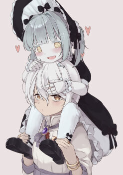 2girls @_@ absurdres black_dress black_nails black_shoes blush bracelet carrying colored_skin commission doll_joints dress gold_bracelet grey_hair hair_between_eyes heart highres jewelry joints looking_at_viewer maid multiple_girls open_mouth original painnico pantyhose pixiv_commission rori_poster&#039;s_oc shoes short_hair short_sleeves shoulder_carry simple_background smile white_hair white_pantyhose white_skin yellow_eyes