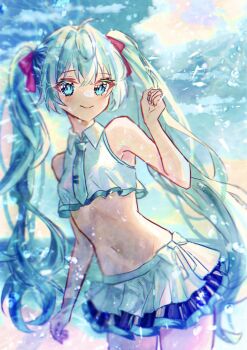 1girl aqua_eyes aqua_hair arm_up bare_shoulders beach bikini blue_sky blurry blurry_background blush bow breasts cloud cloudy_sky collared_bikini crop_top curled_fingers day dot_nose frilled_bikini frilled_skirt frilled_tankini frills hair_between_eyes hair_bow hair_ornament hatsune_miku highres light_blush long_hair looking_at_viewer natukisigure navel necktie ocean outdoors shine sidelocks skirt sky small_breasts smile solo swimsuit tank_top tankini thick_eyelashes twintails very_long_hair vocaloid water water_drop