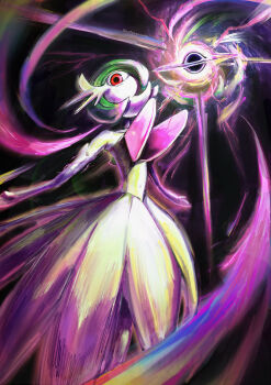 1girl absurdres artist_name bare_shoulders black_hole bob_cut collarbone colored_skin covered_navel dress elbow_gloves energy female_focus flat_chest gardevoir gen_3_pokemon gloves glowing green_hair hair_over_one_eye highres kotorun_ahyo long_dress looking_at_viewer mega_gardevoir mega_pokemon nintendo one_eye_covered parted_lips pokemon pokemon_(creature) red_eyes short_hair signature solo standing strapless strapless_dress twitter_username white_dress white_gloves white_skin wide-eyed