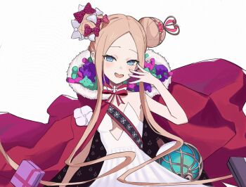 1girl abigail_williams_(fate) abigail_williams_(santa)_(fate) bare_shoulders blonde_hair blue_eyes blush bow breasts cloak commentary double_bun dress english_commentary fate/grand_order fate_(series) forehead fur-trimmed_cloak fur_trim hair_bow hair_bun highres itagaki_rihito long_hair looking_at_viewer open_mouth parted_bangs red_bow red_cloak sash sidelocks small_breasts smile solo stuffed_animal stuffed_toy teddy_bear tiara very_long_hair white_bow white_dress