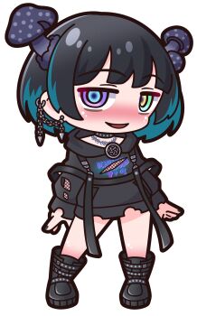1girl :d absurdres black_boots black_hair black_hoodie blue_eyes blue_hair blush boots chibi full_body green_eyes heterochromia highres hood hood_down hoodie indie_virtual_youtuber kinokoma_tango long_sleeves looking_at_viewer multicolored_hair mushroom open_mouth puffy_long_sleeves puffy_sleeves purple_eyes saishosaisekojo simple_background smile solo standing torn_clothes torn_hoodie two-tone_hair virtual_youtuber white_background yellow_eyes