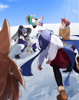 Rule 34 | 5girls, absurdres, animal ears, bandaid, bandaid on face, bandaid on nose, beanie, biko pegasus (umamusume), black boots, black hair, black leggings, blue sky, boots, brown boots, brown coat, brown hair, closed eyes, closed mouth, coat, commentary request, dark-skinned female, dark skin, ear scrunchie, ears through headwear, fur coat, green coat, hair between eyes, hair ornament, hat, highres, hishi amazon (umamusume), holding, holding snowball, horse ears, horse girl, horse tail, leggings, long hair, long sleeves, mittens, multiple girls, naegi happy, narita brian (umamusume), open clothes, open coat, open mouth, outdoors, pants, pink boots, pink mittens, pom pom (clothes), pom pom beanie, ponytail, purple pants, red scrunchie, red skirt, sakura laurel (umamusume), samson big (umamusume), scarf, scrunchie, shirt, short hair, skirt, sky, smile, snowball, snowball fight, striped clothes, striped scrunchie, sweatdrop, tail, throwing, tripping, umamusume, very long hair, white coat, white scarf, white shirt, winter clothes, winter coat, yellow eyes