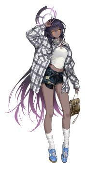 1girl absurdres alternate_costume bag blue_archive casual dark-skinned_female dark_skin denim denim_shorts full_body halo handbag highres karin_(blue_archive) minj_kim purple_hair purple_halo shorts smile solo yellow_eyes