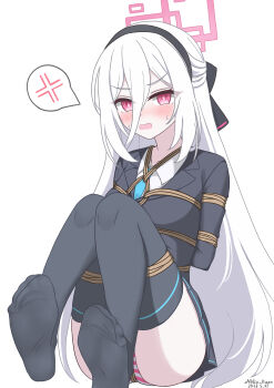 1girl arms_behind_back black_bow black_hairband black_jacket black_skirt black_thighhighs blue_archive blue_necktie blush bound bound_arms bound_thighs bound_torso bow chinese_commentary collared_shirt commentary_request feet hair_between_eyes hair_bow hairband half_updo highres jacket kei_(blue_archive) kei_(student)_(blue_archive) long_hair miniskirt mixed-language_commentary necktie neko_huan no_shoes open_mouth panties partial_commentary pink_eyes pink_hair pink_panties shirt skirt soles solo striped_clothes striped_panties sweat thighhighs underwear upskirt very_long_hair white_shirt