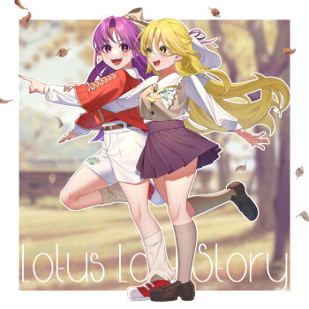 Rule 34 | 2girls, :d, absurdres, adapted costume, arm warmers, autumn leaves, belt, blonde hair, blurry, blurry background, border, bow, brown footwear, brown socks, brown vest, buttons, collared shirt, commentary, copyright name, cross-laced jacket, dot nose, embroidered shorts, english commentary, eyebrows hidden by hair, eyelashes, eyes visible through hair, falling leaves, frilled shirt collar, frills, full body, guumin, hair bow, hakurei reimu, hakurei reimu (pc-98), hand on another's arm, high-waist shorts, high-waist skirt, highres, jacket, kirisame marisa, kirisame marisa (pc-98), knee up, kneehighs, leaf, light blush, loafers, long hair, long sleeves, looking at another, loose socks, lotus land story, miniskirt, multiple girls, neck ribbon, open hand, open mouth, outside border, parted bangs, pleated skirt, pointing, pointing forward, purple hair, purple skirt, red footwear, red jacket, ribbon, running, shirt, shirt tucked in, shoes, shorts, side-by-side, skirt, smile, sneakers, socks, teeth, tongue, touhou, touhou (pc-98), tree, vest, white arm warmers, white border, white shirt, white shorts, wrist cuffs, yellow bow, yellow eyes, yellow ribbon