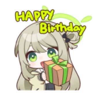 1girl animated animated_png blue_archive box brown_hair chibi chibi_only english_text gift gift_box green_eyes halo happy_birthday holding holding_gift line_sticker_available long_hair looking_at_viewer lowres non-repeating_animation non-web_source nonomi_(blue_archive) official_art open_mouth simple_background smile solo transparent_background