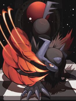 absol animal_focus asymmetrical_horns black_fur black_hair body_fur bright_pupils claws gen_3_pokemon hair_over_one_eye highres horns looking_at_viewer mega_absol_z mega_pokemon moon nintendo no_humans one_eye_covered pokemon pokemon_(creature) pokemon_focus red_eyes red_moon red_wings reo_(mmocc123) shadow solo tail uneven_horns white_pupils wings