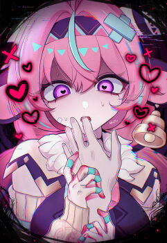 1girl absurdres ama_some_(kr0ri) animal_ears aqua_hair bell biting blood blood_on_hands commentary_request cow_ears cow_girl cow_horns cowbell detached_sleeves finger_in_another's_mouth fur_trim genshin_impact hair_between_eyes hairband heart heart-shaped_pupils highres holding_another's_wrist horns multicolored_hair pink_hair pov pov_hands purple_eyes streaked_hair sweat symbol-shaped_pupils upper_body varesa_(genshin_impact) wide-eyed x_(symbol) yandere