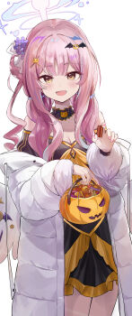 1girl absurdres angel_wings black_choker black_dress blue_archive blush breasts candy choker cleavage coat dress feathered_wings fingernails flower food hair_bun hair_flower hair_ornament hair_ribbon halloween_bucket halo highres holding holding_candy holding_food jsscj large_breasts long_hair long_sleeves looking_at_viewer low_wings mika_(blue_archive) nail_polish open_mouth pink_hair pink_halo pink_nails purple_flower ribbon simple_background single_side_bun smile solo thighs white_background white_coat white_ribbon white_wings wings yellow_eyes