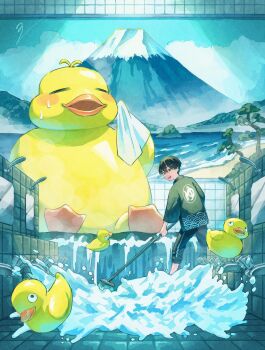 Rule 34 | 1boy, = =, black hair, black pants, black shirt, broom, commentary request, from behind, full body, highres, holding, holding broom, indoors, ito yoshi, looking back, male focus, mount fuji, open mouth, original, overflowing, oversized object, pants, picture frame, rubber duck, shirt, short hair, signature, standing, surprised, sweat, three-quarter sleeves, tile floor, tile wall, tiles, towel, very short hair, water