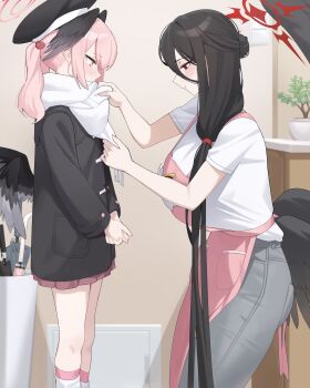 2girls absurdres adjusting_another's_clothes adjusting_scarf alternate_costume alternate_hairstyle black_hair black_wings blue_archive blush breasts ddog dressing_another hair_between_eyes hair_ornament hair_over_shoulder halo hasumi_(blue_archive) head_wings highres huge_breasts koharu_(blue_archive) long_hair long_sleeves multiple_girls pink_hair red_eyes scarf very_long_hair white_scarf wings