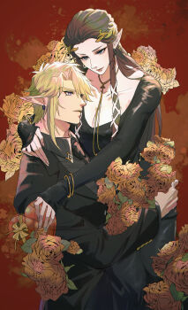 Rule 34 | 1boy, 1girl, arm around neck, arm around waist, black dress, black jacket, black necktie, blonde hair, blue eyes, breasts, brown hair, cleavage, closed mouth, collared shirt, couple, cuff links, dress, earrings, flower, gold bangle, gold choker, grey shirt, hair between eyes, hair ribbon, hetero, highres, jacket, jewelry, kurokawa karasu, laurel crown, link, long dress, long hair, medium breasts, necktie, nintendo, parted bangs, pointy ears, princess zelda, red background, ribbon, rose, shirt, short hair, sidelocks, sleeves past wrists, suit jacket, swept bangs, the legend of zelda, the legend of zelda: twilight princess, triforce necklace, white ribbon, yellow flower, yellow rose