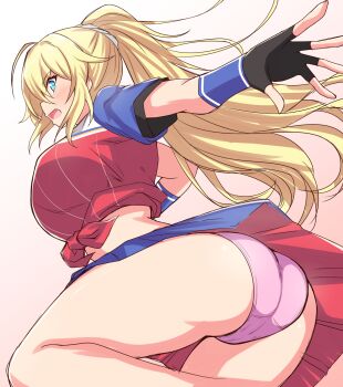 1girl amelia_thunders baseball_uniform black_gloves blonde_hair blue_eyes cinderella_series crop_top fingerless_gloves from_below from_side garukichi gloves hachigatsu_no_cinderella_nine high_ponytail highres long_hair open_mouth panties pink_panties ponytail profile shirt short_sleeves solo sportswear tied_shirt underwear wristband