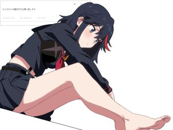 1girl ahonoko barefoot black_eyes black_hair black_sailor_collar black_serafuku black_shirt black_skirt closed_mouth hair_between_eyes kill_la_kill long_sleeves matoi_ryuuko midriff multicolored_hair neckerchief pleated_skirt red_hair red_neckerchief sailor_collar school_uniform senketsu serafuku shirt short_hair sitting skirt streaked_hair suspender_skirt suspenders two-tone_hair white_background