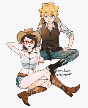 1boy 1girl belt black_boots black_eyes black_hair blonde_hair blue_eyes blue_pants boots boruto:_naruto_next_generations brown_belt brown_boots brown_vest camisole commentary cowboy_boots cowboy_hat crop_top denim denim_shorts film_grain glasses hat hat_on_back highres jeans knee_boots midriff naruto_(series) navel onka_(aun_ka28) open_mouth pants red-framed_eyewear short_hair short_shorts shorts sitting smile symbol-only_commentary twitter_username uchiha_sarada uzumaki_boruto vest watermark white_camisole