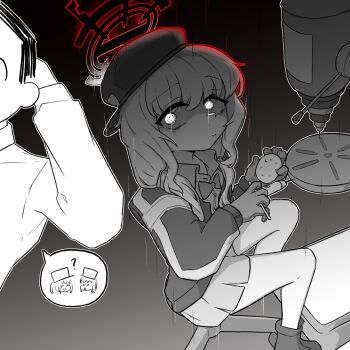 1boy 1girl 743_(743rd_bat) angry aoba_(blue_archive) blue_archive boots bow bowtie closed_mouth commentary crazy_eyes doodle_sensei_(blue_archive) drill_press english_commentary gloves halo hat holding_tool jacket long_hair long_sleeves looking_at_another on_stool sensei_(blue_archive) sitting skirt speech_bubble