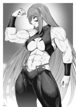 1girl abs absurdres arm_at_side biceps border breast_tattoo breasts closed_mouth commentary cowboy_shot crop_top facial_tattoo flexing fuuma_kotarou_(tenkaichi) greyscale halterneck hand_up highres large_breasts long_hair looking_at_viewer looking_to_the_side monochrome muscular muscular_female navel outside_border pants profile revealing_clothes sidelocks signature sleeveless smile solo speedl00ver stomach tattoo tenkaichi_nihon_saikyou_bugeisha_ketteisen underboob veins veiny_arms very_long_hair white_border wristband