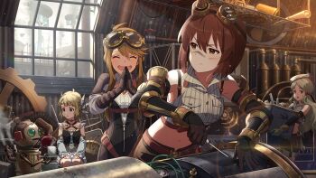 Rule 34 | 4girls, breast pocket, brown eyes, brown hair, closed eyes, collared shirt, commentary request, cropped shirt, day, elbow gloves, game cg, gloves, goggles, goggles on head, grey shirt, hagiwara yukiho, handa roco, idolmaster, idolmaster (classic), idolmaster million live!, idolmaster million live! theater days, indoors, midriff, multiple girls, navel, official art, own hands clasped, own hands together, pinstripe pattern, pinstripe shirt, pocket, popped collar, pout, robot, shirt, short hair, sleeveless, sleeveless shirt, steampunk, suou momoko, third-party source, tokoro megumi