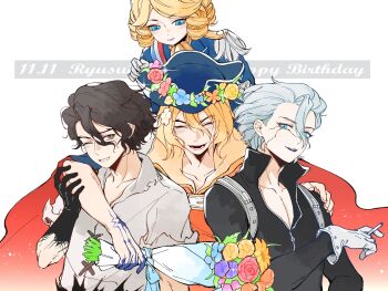 1other 3boys absurdres black_hair blonde_hair blue_eyes bouquet cape cigarette closed_eyes dr._stone epaulettes flower francois_(dr._stone) gloves grey_hair grey_shirt hair_between_eyes happy_birthday hat head_wreath highres holding holding_bouquet huixiaaa42305 multiple_boys nanami_ryuusui nanami_sai one_eye_closed red_cape rose scar shirt short_hair smile stanley_snyder_(dr.stone) white_gloves