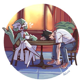 1boy advos artist_name bob_cut chair closed_eyes colored_skin cup dress gardevoir gen_3_pokemon green_hair green_skin holding holding_cup multicolored_skin nintendo on_chair open_mouth pants pokemon pokemon_(creature) shirt signature sitting table teacup two-tone_skin white_dress white_shirt white_skin yuugo_(pokemon)