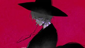 1boy absurdres artist_name black_hat black_robe claude_clawmark facial_mark from_side hashtag-only_commentary hat highres kpop_demon_hunters looking_at_viewer male_focus mole mole_under_mouth nijisanji nijisanji_en nrnmarie parted_lips purple_eyes red_background robe short_hair simple_background smirk solo upper_body virtual_youtuber