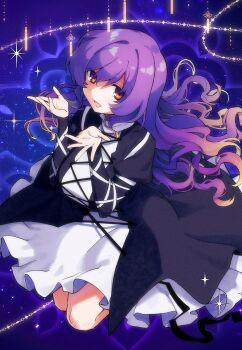 1girl :d black_dress blonde_hair blue_background breasts commentary_request cross-laced_clothes cross-laced_dress dress feet_up floating_hair futoumeido gradient_hair hands_up highres hijiri_byakuren juliet_sleeves kneeling large_breasts layered_dress long_hair long_sleeves looking_at_viewer multicolored_hair open_mouth orange_eyes puffy_sleeves purple_hair smile solo sparkle touhou wavy_hair white_dress