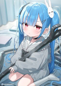 1girl black_bow black_nails blue_hair blush bow carpet closed_mouth curtains dress ear_piercing frilled_sailor_collar frilled_shirt frills grey_dress grey_sailor_collar grey_shirt hair_bow hair_ornament hairclip highres indoors kanae_(tsukiman) long_hair long_sleeves looking_at_viewer nail_polish no_shoes original piercing puffy_long_sleeves puffy_sleeves rabbit_hair_ornament red_eyes sailor_collar shirt sitting sleeves_past_wrists socks solo tsukiman twintails twitter_username vacuum_cleaner very_long_hair wariza white_socks wooden_floor