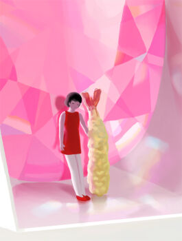 Rule 34 | 1girl, black hair, closed eyes, commentary request, crystal, dress, food, full body, gem, nuq, original, pink gemstone, red dress, red shoes, shoes, short hair, shrimp, shrimp tempura, solo, standing, tempura