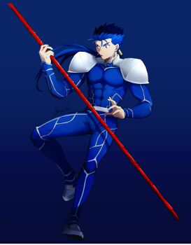 1boy abs armor blue_background blue_hair bodysuit covered_pectorals cu_chulainn_(fate) cu_chulainn_(fate/stay_night) cu_chulainn_(lancer)_(fate) fate/stay_night fate_(series) full_body gae_bolg_(fate) holding holding_polearm holding_weapon male_focus parted_lips pectorals polearm ponytail red_eyes shoulder_armor solo toned toned_male weapon yukota_2631