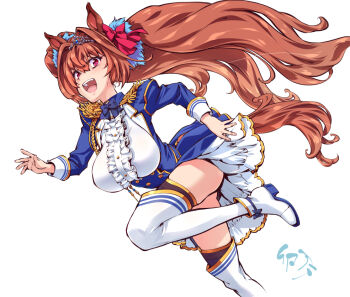 1girl animal_ears boots breasts brown_hair daiwa_scarlet_(peak_blue)_(umamusume) daiwa_scarlet_(umamusume) high_heel_boots high_heels horse_ears horse_girl horse_tail looking_at_viewer open_mouth red_eyes running simple_background solo suzuki24 tail thighhighs tiara twintails umamusume white_background white_thighhighs