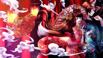 1boy 1girl animal_ears brooch brother_and_sister brown_hair dark_persona dipper_gleeful dipper_pines facial_mark forehead_mark fox_ears fox_tail gravity_falls hair_ornament highres holding_own_arm japanese_clothes japanese_lanterns jewelry kimono kitsune long_hair mabel_gleeful mabel_pines parasol red_string short_hair siblings string swept_bangs tail torii twins umbrella