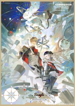 1boy 1girl absurdres artist_name ascot belt belt_buckle black_belt black_cat black_gloves black_hat black_shirt black_skirt black_socks blazer blonde_hair book bookstore border brown_border buckle cat chest_belt chinese_commentary collared_shirt collared_vest commentary_request compass constellation crescent dress_pants eteru expressionless fingernails floating_clothes floating_hair full_body gloves grey_eyes grey_jacket hair_between_eyes hand_on_headwear happy happy_birthday hat hat_belt highres holding indoors jacket jacket_on_shoulders kneehighs knees lapels layered_sleeves leg_belt light_particles long_hair long_sleeves looking_ahead looking_at_another map multiple_belts name_tag newsboy_cap notched_lapels on_book open_mouth original pants parted_lips pink_eyes pointing red_ascot red_jacket sample_watermark shirt shop short_hair shoulder_belt sitting sitting_on_books skirt sleeves_past_wrists smile socks standing star_(symbol) teeth thigh_belt thigh_strap tie_clip two-sided_fabric two-sided_jacket upper_teeth_only very_long_hair vest watermark weibo_watermark white_belt white_hair white_pants white_vest wind