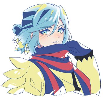 1boy blue_eyes blue_hair blue_mittens blue_scarf commentary_request cropped_torso grin grusha_(pokemon) hand_up highres jacket long_sleeves male_focus mittens mocacoffee_1001 nintendo pokemon pokemon_sv scarf simple_background smile solo striped_clothes striped_scarf teeth upper_body white_background yellow_jacket