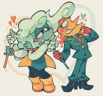 1boy 1girl artist_name black_shoes blue_skin blush boots colored_skin commentary couple deltarune elnina_(deltarune) english_commentary eye_contact gloves heart highres holding holding_pointer lanino_(deltarune) looking_at_another necktie pointer red_gloves red_necktie seiishin shoes simple_background smile twirling_hair two-tone_skirt utdr_(toby_fox) white_hair yellow_boots yellow_skin