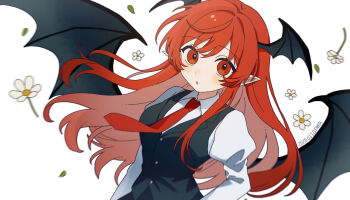 1girl black_skirt black_vest breasts collared_shirt commentary_request dated demon_wings fafa flower head_wings highres juliet_sleeves koakuma long_hair long_sleeves looking_at_viewer medium_breasts necktie open_mouth pointy_ears puffy_sleeves red_eyes red_hair red_necktie shirt skirt skirt_set solo touhou upper_body very_long_hair vest white_flower white_shirt wings