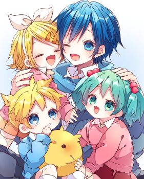 2boys 2girls :d aged_down alternate_costume bird blonde_hair blue_background blue_eyes blue_hair blue_shirt blush bow_hairband closed_eyes collared_shirt commentary_request contrast_collar double-parted_bangs gradient_background green_eyes green_hair hair_bobbles hair_ornament hairband hairclip hand_on_another&#039;s_head hatsune_miku highres kagamine_len kagamine_rin kaho_0102 kaito_(vocaloid) long_sleeves multiple_boys multiple_girls open_mouth parallel_hairclips pink_shirt shirt short_hair short_twintails sitting smile socks twintails vocaloid white_hairband white_socks wing_collar