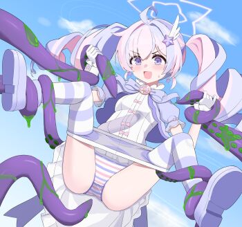 1girl absurdres ahoge blue_archive breasts gloves hair_ornament halo highres multicolored_hair open_mouth pan-chan_(blue_archive) panties pink_hair purple_eyes reisa_(blue_archive) small_breasts solo star_(symbol) star_hair_ornament streaked_hair striped_clothes striped_panties tentacles thighhighs twintails two-tone_hair underwear uro_kohara white_gloves
