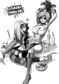 2girls arms_up ass babtyu bdsm bondage boots bound breasts cat cleavage cleavage_cutout clothing_cutout courtney_whitmore dc_comics female_focus kryptonian looking_back mask monochrome multiple_girls power_girl short_hair sitting stargirl v wink yuri