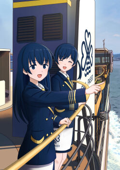 2girls :d against_railing blue_eyes blue_hair blue_jacket buttons c2_kikan commentary_request facing_another ferry_(ship) gold_trim highres hitakikan jacket light_blush long_hair long_sleeves medium_hair multiple_girls necktie open_mouth outdoors pointing railing setonaikai_kisen skirt smile standing twintails water yellow_necktie
