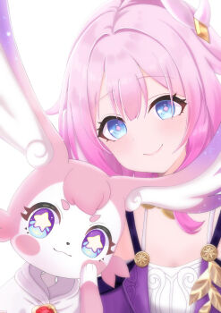 1girl blue_eyes breasts coat commentary_request cyrene_(aedes_elysiae)_(honkai:_star_rail) cyrene_(honkai:_star_rail) dress hair_ornament highres honkai:_star_rail honkai_(series) looking_at_viewer mem_(honkai:_star_rail) pink_hair purple_coat shiratama_vt short_hair simple_background small_breasts smile star-shaped_pupils star_(symbol) symbol-shaped_pupils white_background white_dress